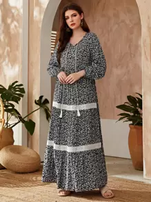 Al Najma 小碎花圖案蕾絲面流蘇繫帶娃娃裙