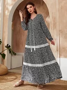 Al Najma 小碎花圖案蕾絲面流蘇繫帶娃娃裙