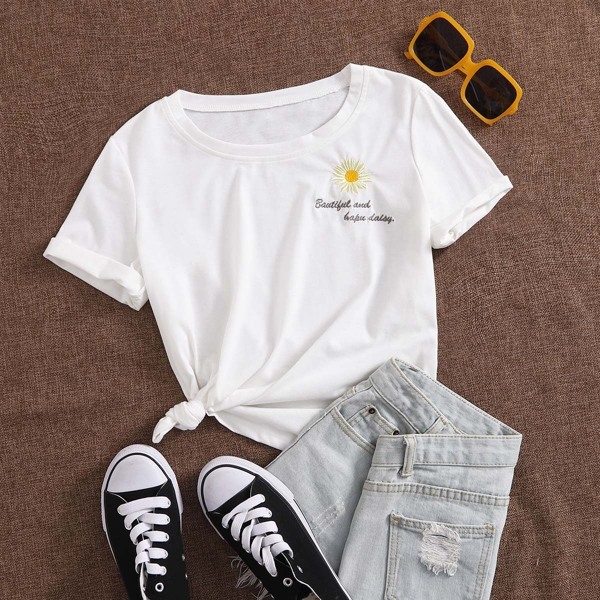 

Daisy Floral & Letter Embroidery Tee, White