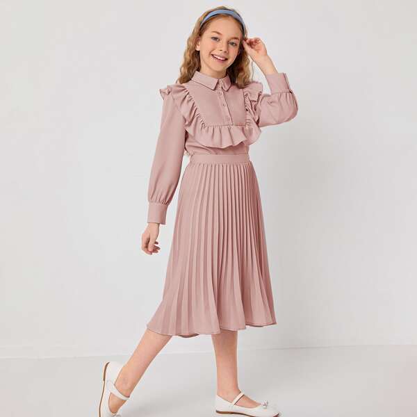 

Girls Ruffle Trim Blouse & Pleated Skirt Set, Dusty pink