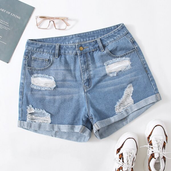 

Plus Ripped Roll Hem Denim Shorts, Light wash