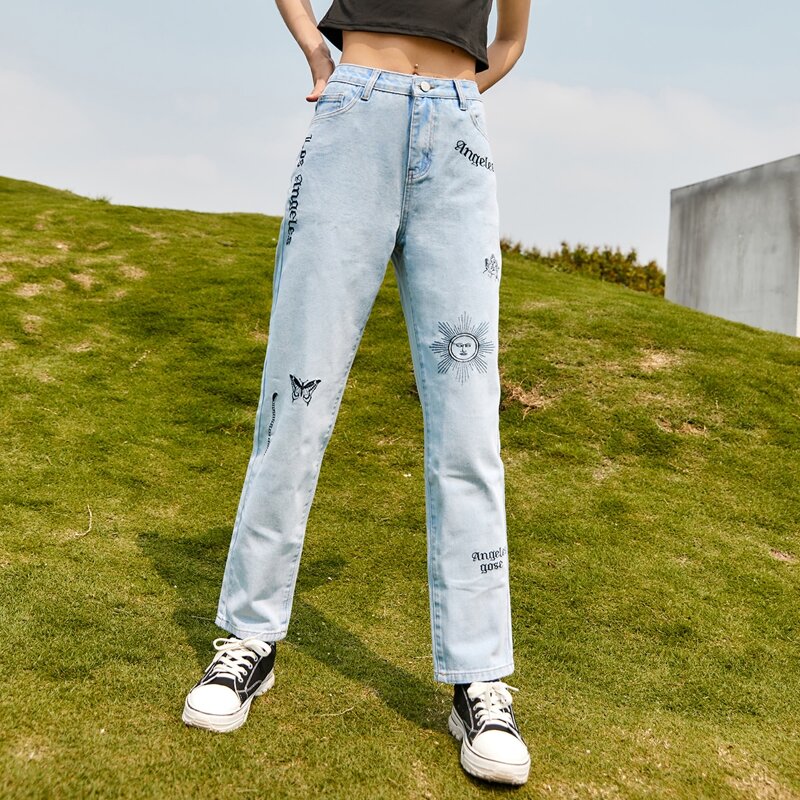 

Letter Sun & Butterfly Embroidery Jeans, Baby blue