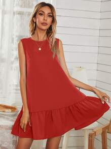 Solid Ruffle Hem Smock Dress - Red - View 1