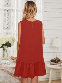 Solid Ruffle Hem Smock Dress - Red - View 2