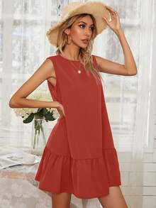 Solid Ruffle Hem Smock Dress - Red - View 4