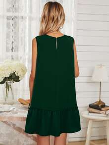 Vestido smock bajo con fruncido unicolor - Verde Oscuro - Ver 2