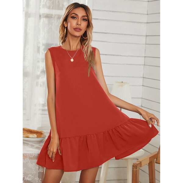 

Solid Ruffle Hem Smock Dress, Red
