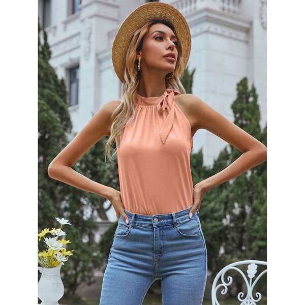 

Solid Tie Neck Halter Top, Dusty pink