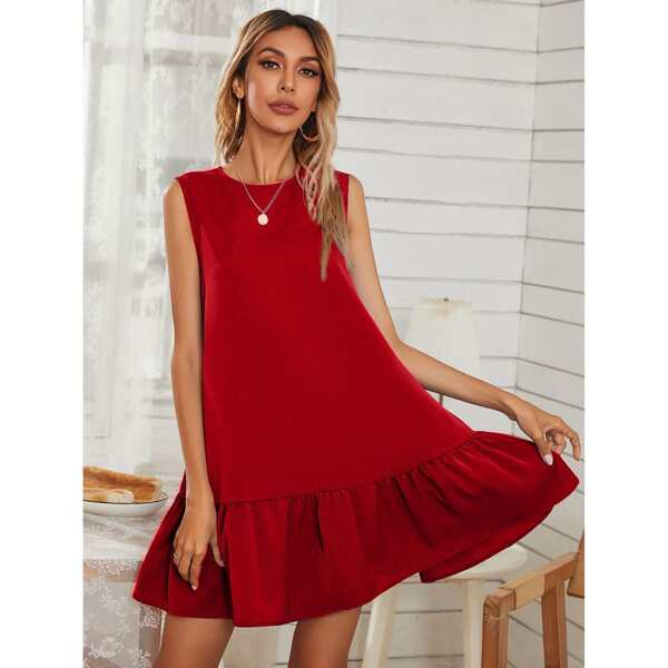 

Solid Ruffle Hem Smock Dress, Burgundy