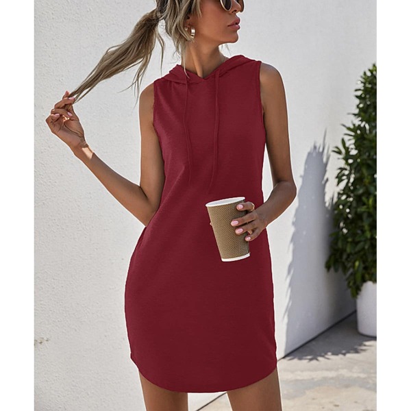 

Drawstring Sleeveless Hooded Dress, Red