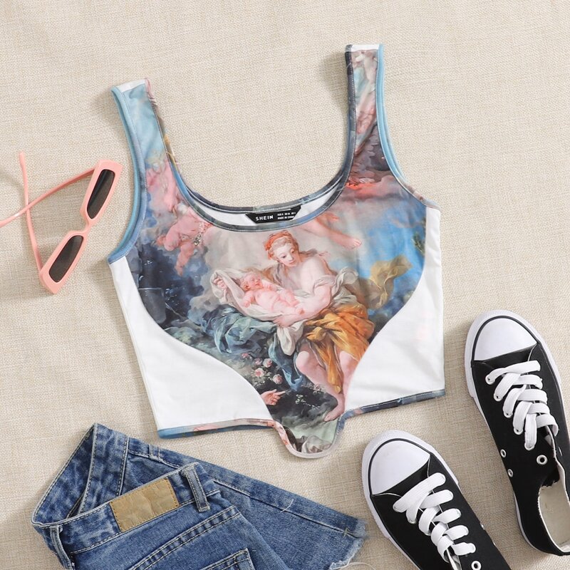 

Figure Graphic Asymmetrical Hem Tank Top, Multicolor