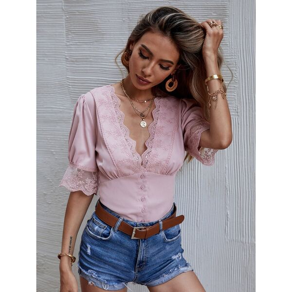 

Lace Panel Plunging Neck Blouse, Dusty pink