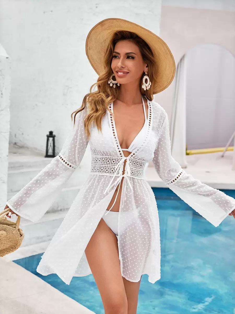Swim Vcay Sheer Swiss Dot Tie Front Lace Insert Kimono Summer - White - View 1