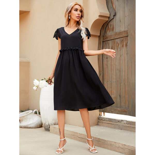 

Contrast Lace Sleeve Frill Waist Dress, Black
