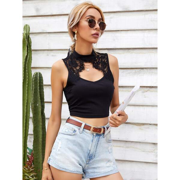 

Cut Out Front Lace Panel Tank Top, Black