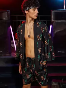 Manfinity 男士滿版卡通和服式外衣和短褲 - 黑色 - 查看 3