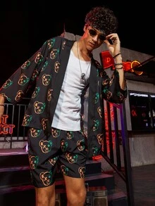 Manfinity 男士滿版卡通和服式外衣和短褲 - 黑色 - 查看 4