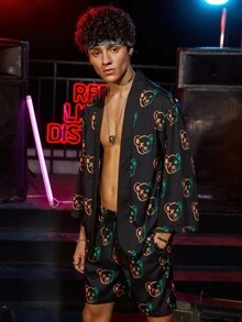 Manfinity 男士滿版卡通和服式外衣和短褲 - 黑色 - 查看 5