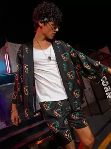 Manfinity 男士滿版卡通和服式外衣和短褲 - 黑色 - 查看 6