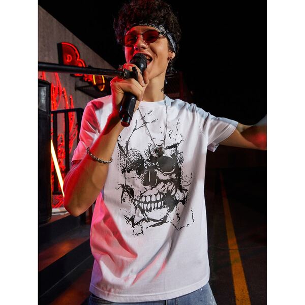 

Men Skull Print Round Neck Tee, White