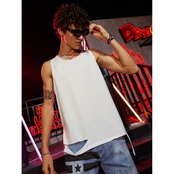

Men Cut Out Solid Tank Top, White