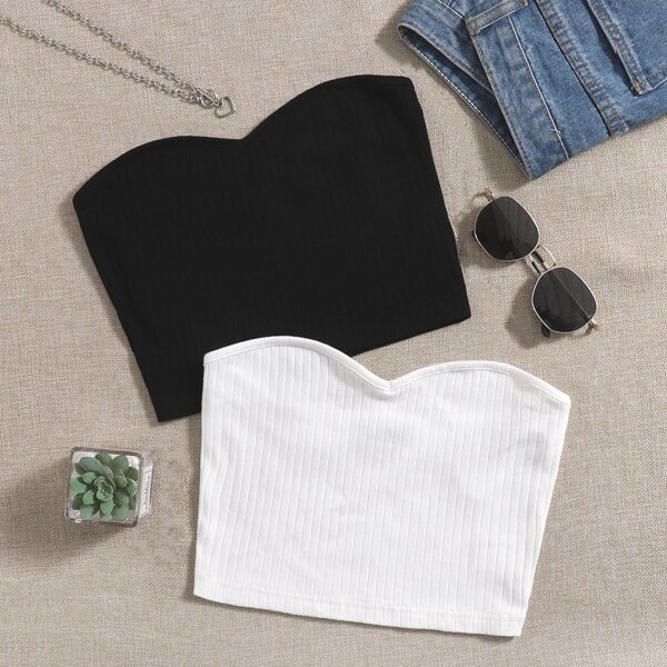 

2 Pack Rib-knit Tube Top, Black and white