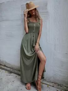 SHEIN Holidaya Button Front Shirred Split Cami Dress - Army Green - View 1