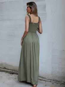 SHEIN Holidaya Button Front Shirred Split Cami Dress - Army Green - View 2