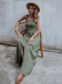 SHEIN Holidaya Button Front Shirred Split Cami Dress - Army Green - View 3