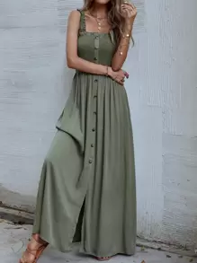SHEIN Holidaya Button Front Shirred Split Cami Dress - Army Green - View 4