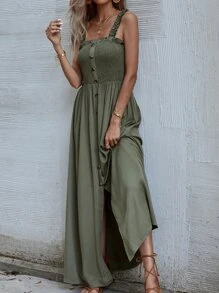 SHEIN Holidaya Button Front Shirred Split Cami Dress - Army Green - View 5