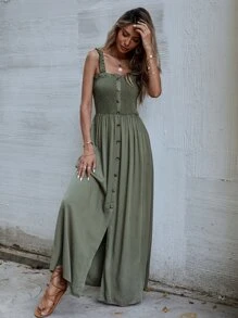 SHEIN Holidaya Button Front Shirred Split Cami Dress - Army Green - View 6