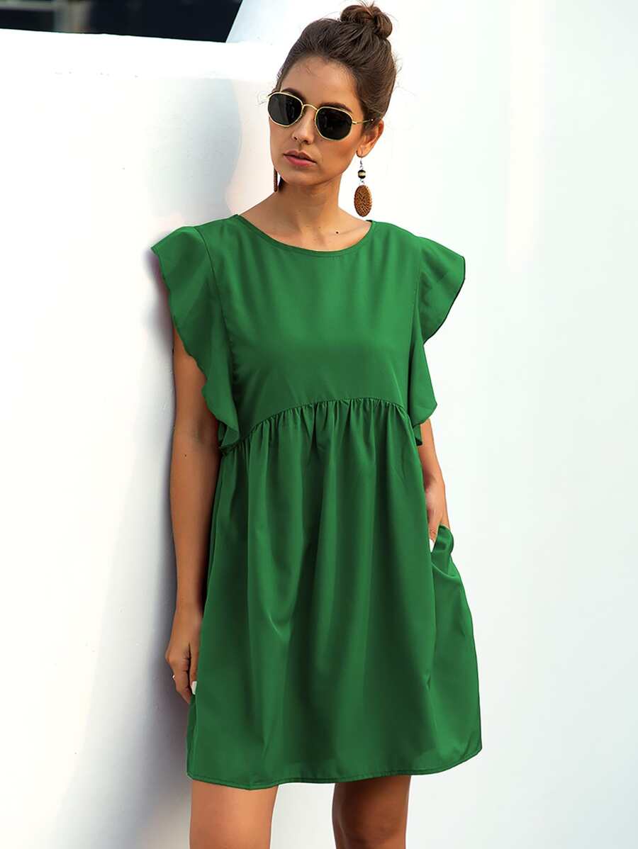 Vestido smock de manga mariposa unicolor - Verde - Ver 1