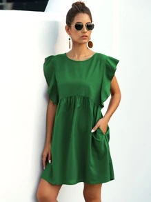 Vestido smock de manga mariposa unicolor - Verde - Ver 3