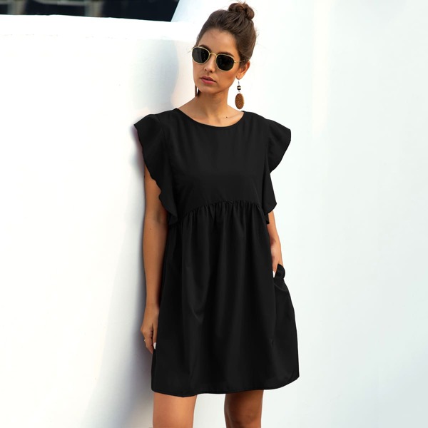 

Solid Butterfly Sleeve Smock Dress, Black