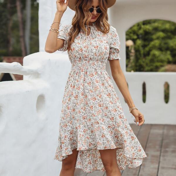 

Ditsy Floral Shirred Tie Front High Low Dress, White
