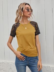 T-shirt avec dentelle - Jaune moutarde - Voir 1