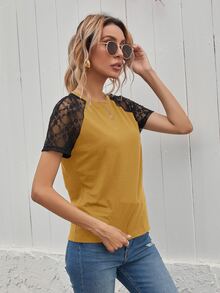 T-shirt avec dentelle - Jaune moutarde - Voir 3