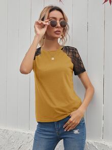 T-shirt avec dentelle - Jaune moutarde - Voir 4