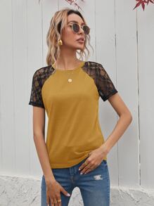 T-shirt avec dentelle - Jaune moutarde - Voir 5