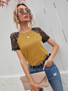 T-shirt avec dentelle - Jaune moutarde - Voir 6