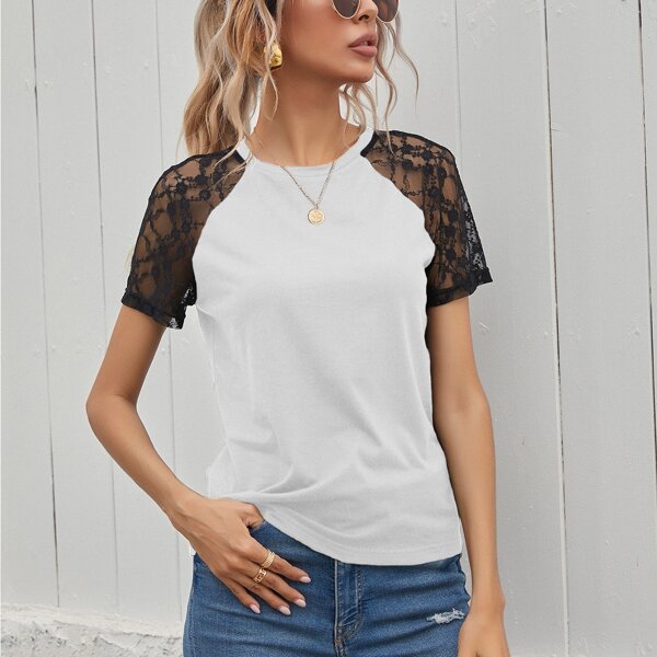 

Contrast Lace Raglan Sleeve Tee, White