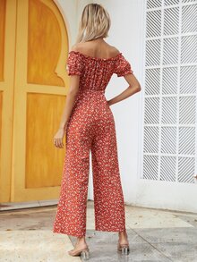 Ditsy Floral Bardot Jumpsuit - Burgundy - View 2