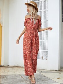 Ditsy Floral Bardot Jumpsuit - Burgundy - View 4