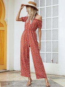 Ditsy Floral Bardot Jumpsuit - Burgundy - View 5