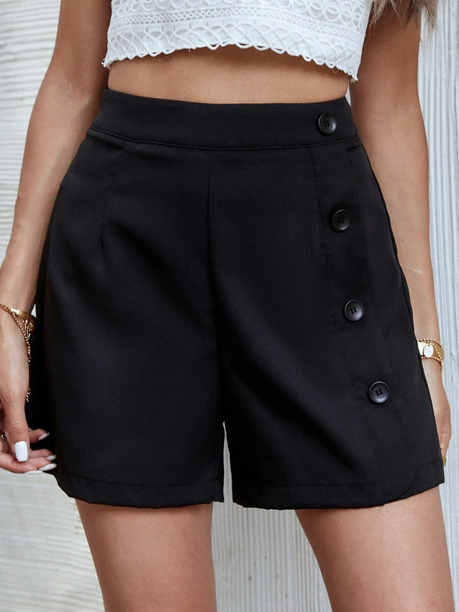 Shorts de pierna ancha con botón - Negro - Ver 1