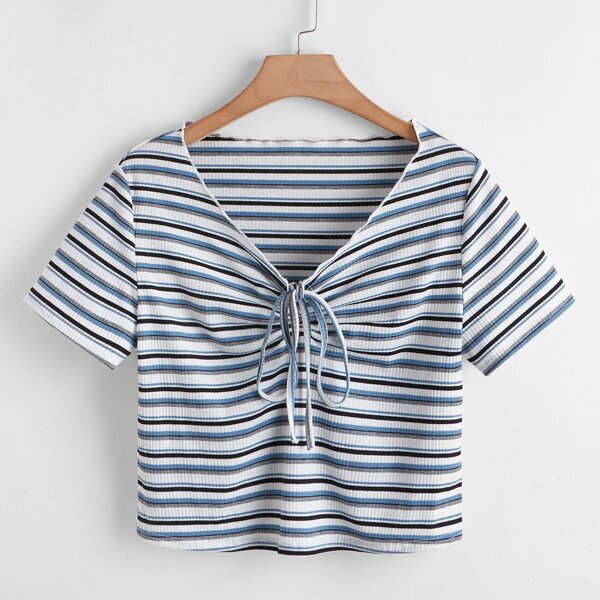 

Plus Drawstring Front Stripe Crop Tee, Multicolor
