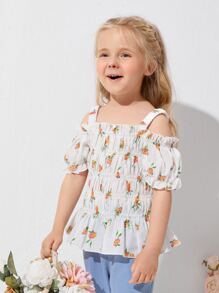 小女童花卉挖肩娃娃襯衫 - 白色 - 查看 1