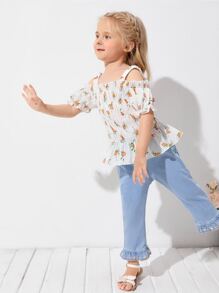 小女童花卉挖肩娃娃襯衫 - 白色 - 查看 3