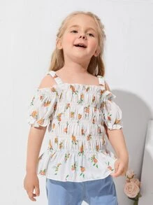 小女童花卉挖肩娃娃襯衫 - 白色 - 查看 4